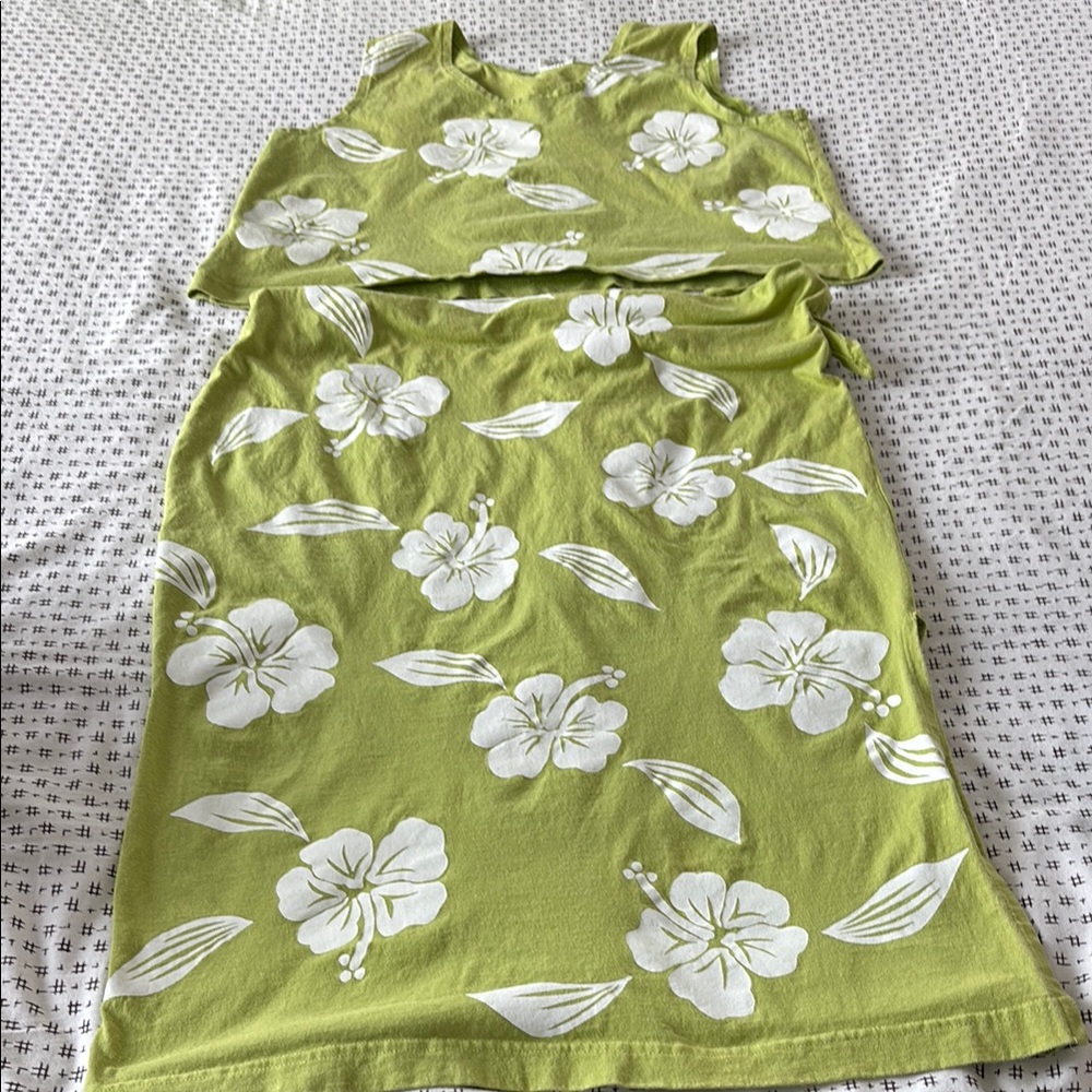 Vintage M Mac tank & skirt set, tie waist, side slit, green/white flowers,size L
